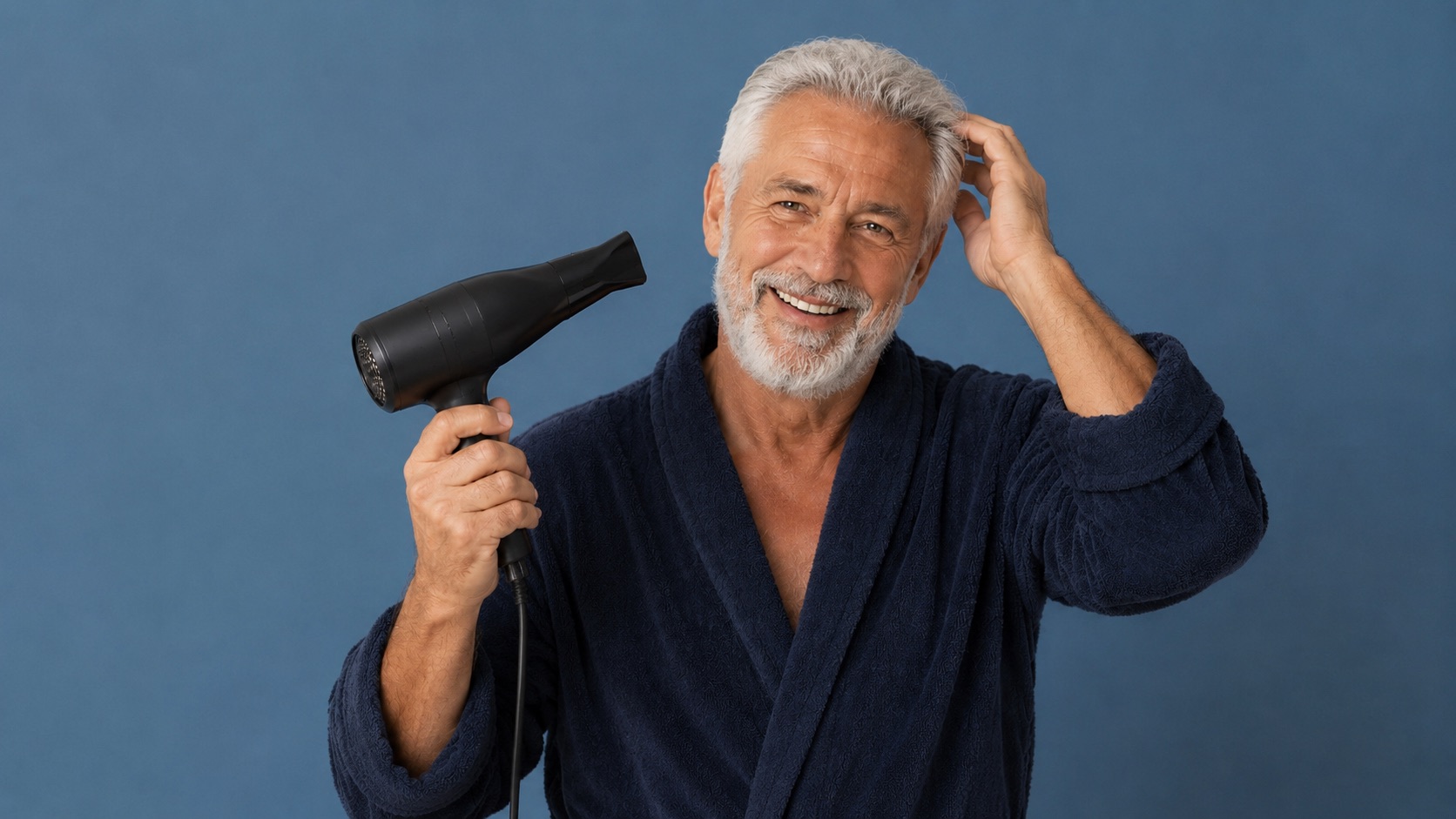 Älterer Mann im Bademantel föhnt sich lächelnd die grauen Haare